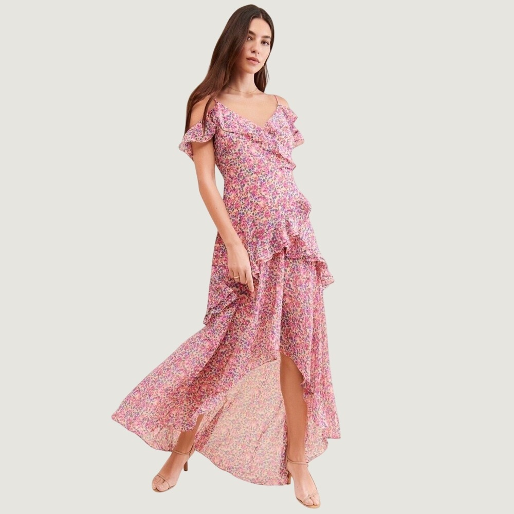 ASTR the Label Floral Maxi Dress S Ruffle High Low Chiffon Pink Cold Shoulder